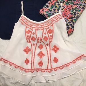 Sheer White & Coral Embroidered Swing Cami